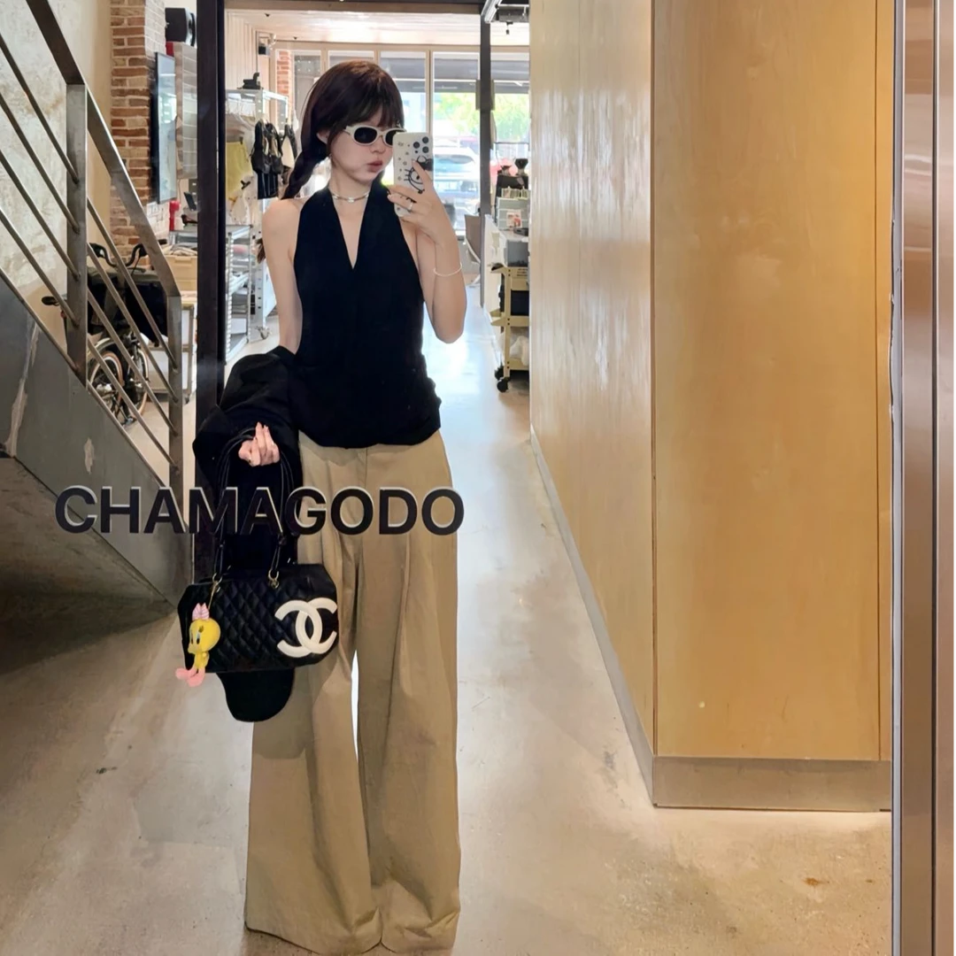 黑色性感辣妹v领挂脖吊带背心女2025夏季纯欲风别致修身露背上衣