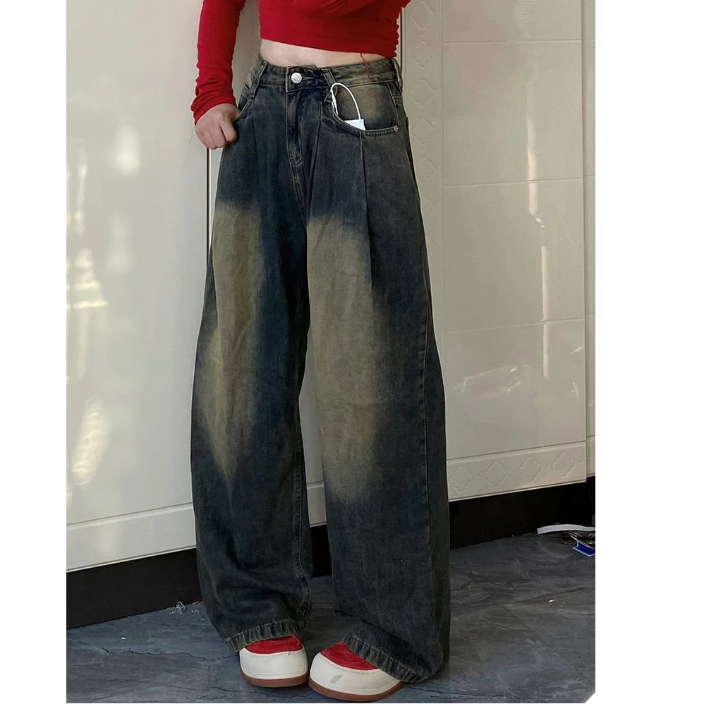 300斤大码女装美式复古牛仔裤女胖mm水洗做旧宽松显瘦直筒阔腿裤