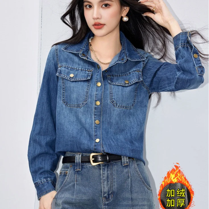 牛仔衬衫女2025年新款秋冬口袋时尚复古正肩内搭叠穿打底衬衣外套