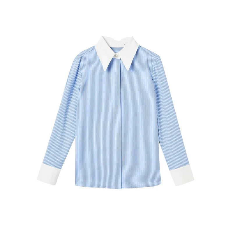 刘亦菲同款朗法式通勤纯棉蓝色设计感气质竖条纹内搭衬衫2025年春