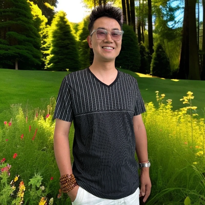 无修图自然光短袖青春活力V领薄款夏季T恤透气提花时尚速干男装