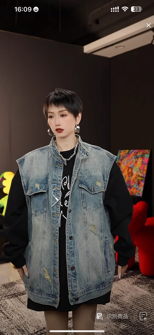 【马甲后破洞设计】水洗牛仔渐变上衣蓝色百搭韩版时尚情侣款