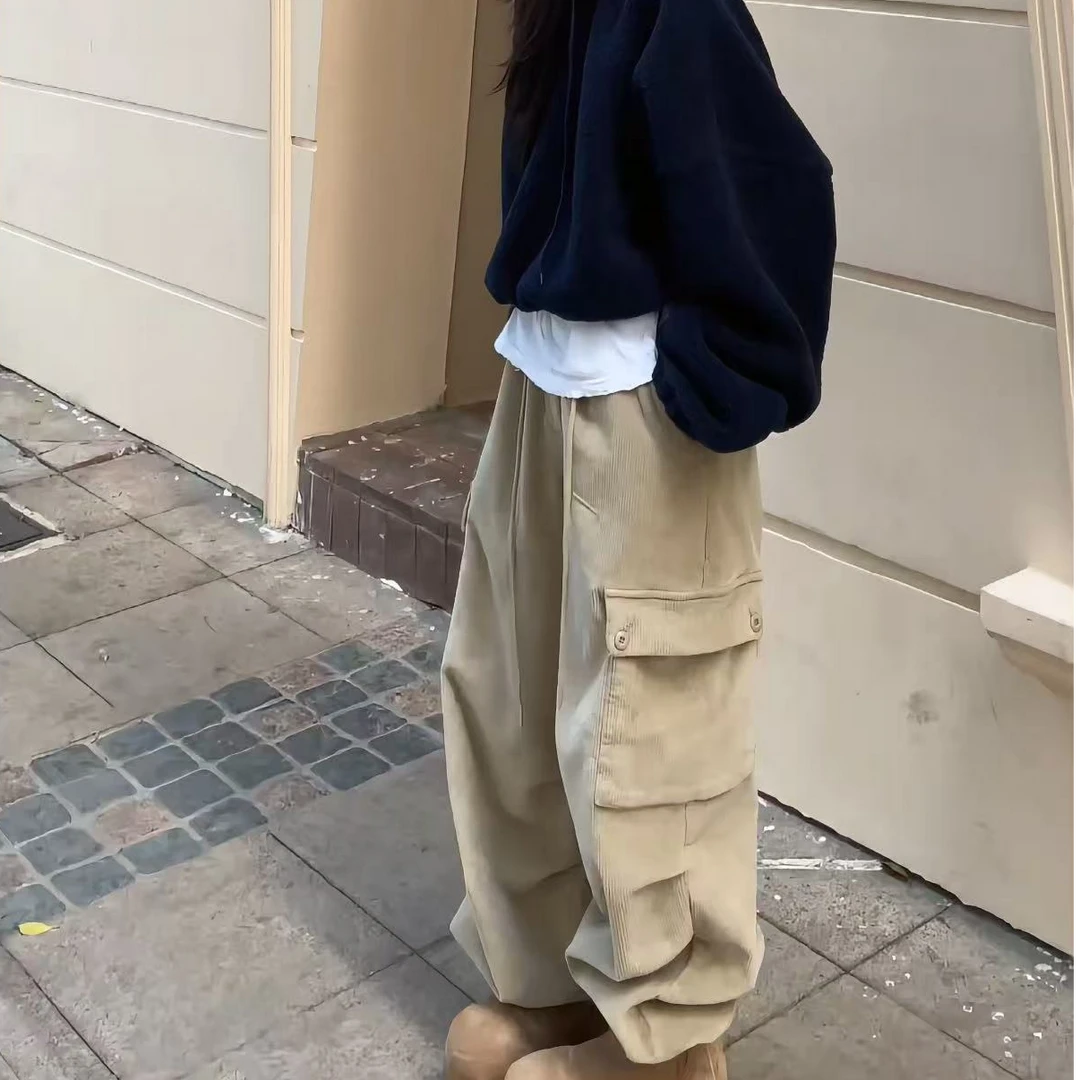 韩版新款条绒加厚工装裤休闲洋气时尚百搭纯色