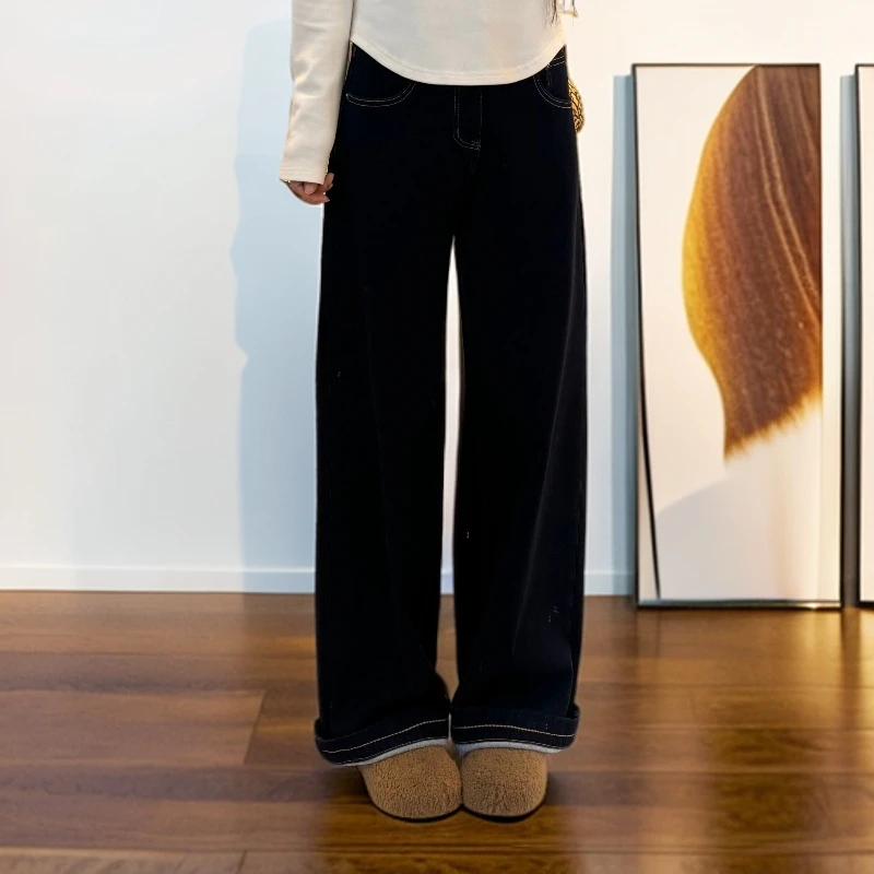 宿慕SUMU色彩穿搭加绒显瘦筒裤10-14冬季新款百搭洋气牛仔裤32995