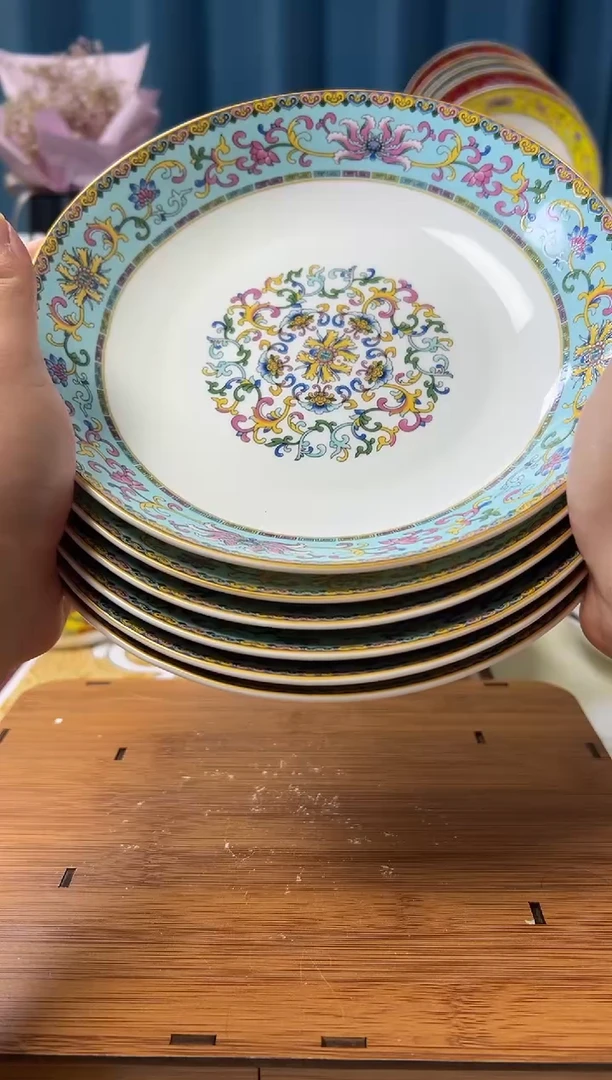 景德镇珐琅彩高温易清洗8英寸菜盘 天湖蓝6个