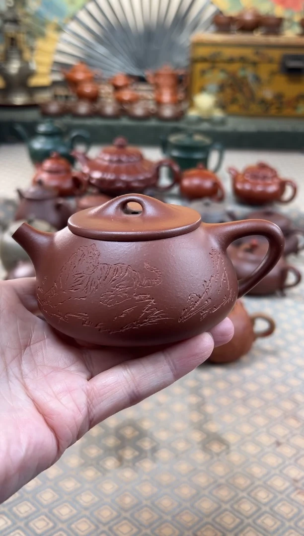 茶壶紫砂降坡泥刻绘满瓢壶200CC