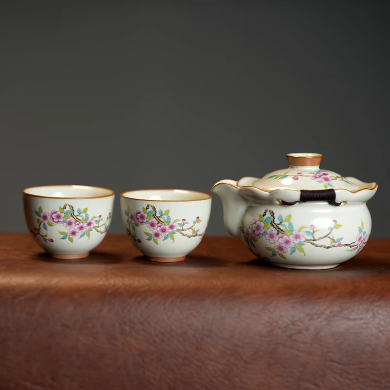 汝窑开片桃李春风如意手抓壶家用功夫茶具泡茶套组1壶2杯 c0334