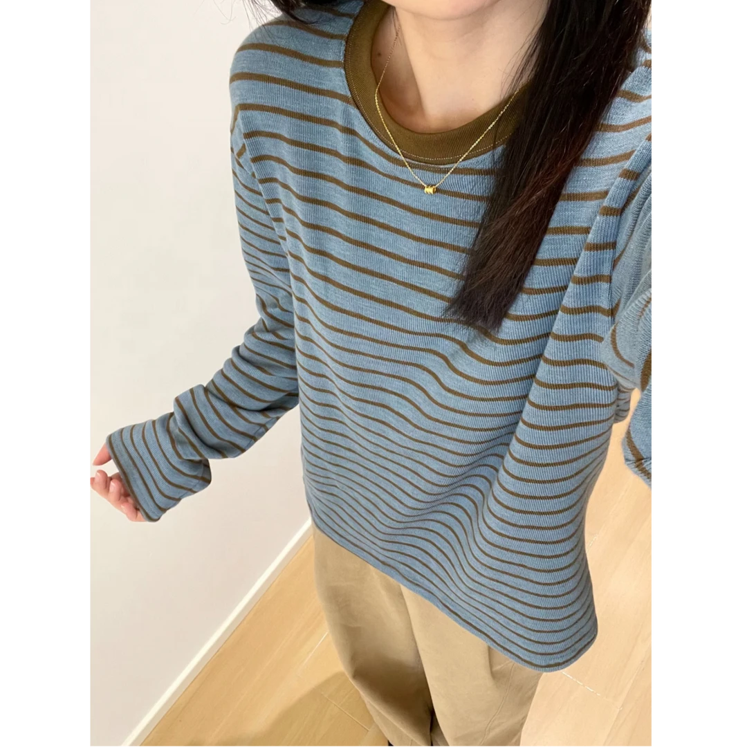 推荐！美拉德条纹撞色慵懒风长袖T恤女春秋冬宽松复古上衣潮打底衫
