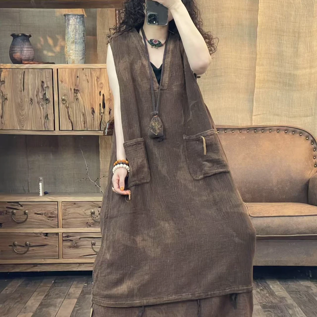 FF 6658 春季新品长款咖啡色亚麻女士背心连衣裙 胸围130长105