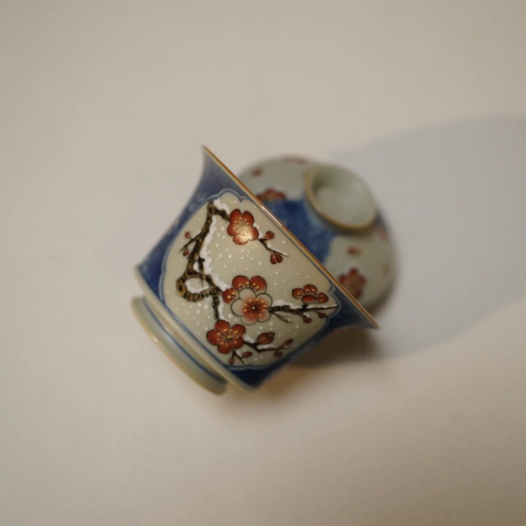 景德镇斗彩明清工艺雪梅马蹄枢府釉盖碗