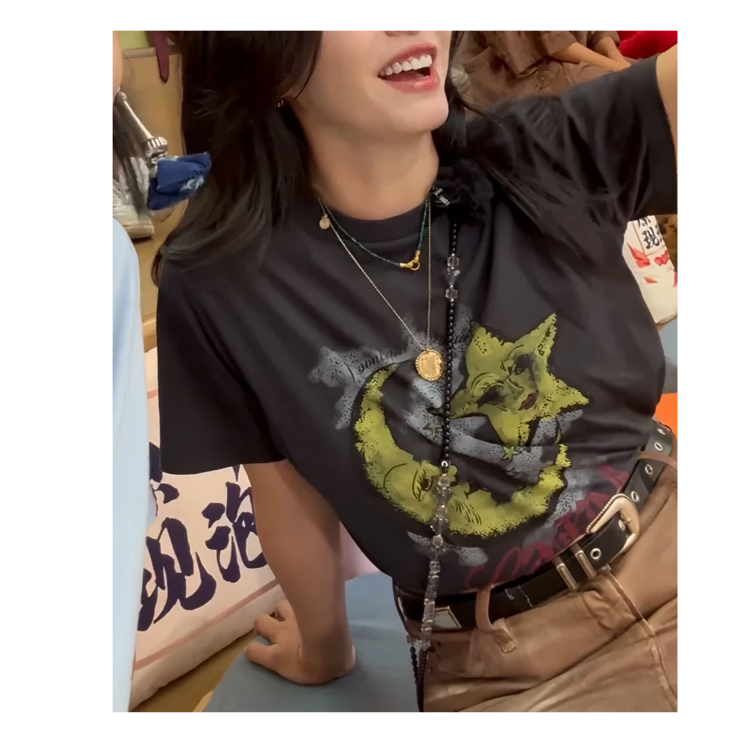 三哈宫-《G/N灰印花星月》欧洲站100棉印花圆领短袖T恤衫纯棉夏季