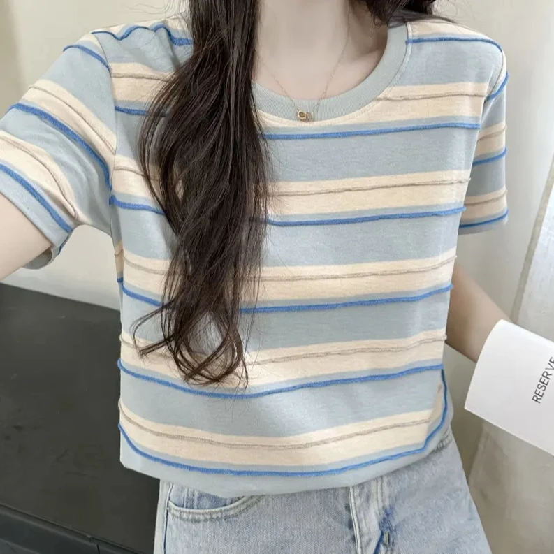 蜜豆midou秋季长袖微胖正肩t恤条纹圆领短袖百搭显瘦设条纹t恤女