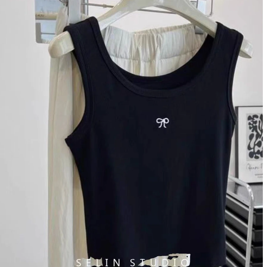 D859百搭简约蝴蝶结刺绣背心