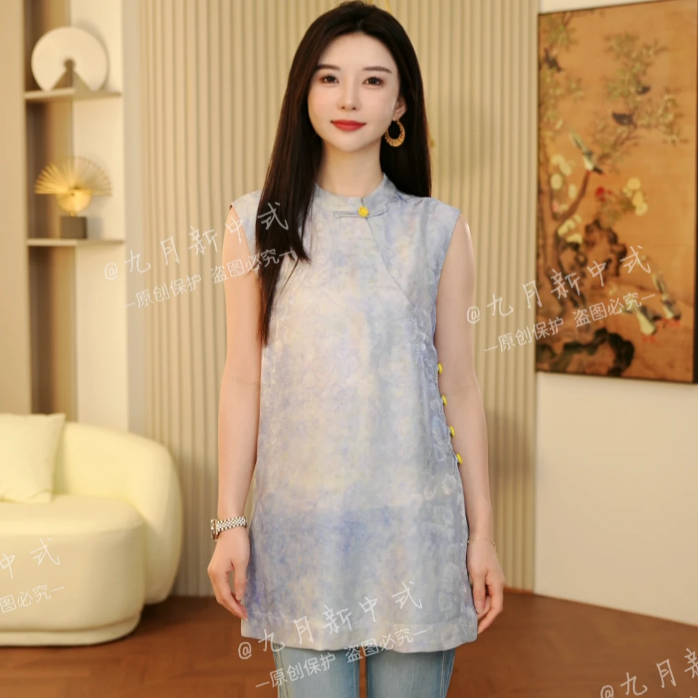 【寒烟】2025年春夏款新款淡蓝色新中式斜门襟上衣C2720