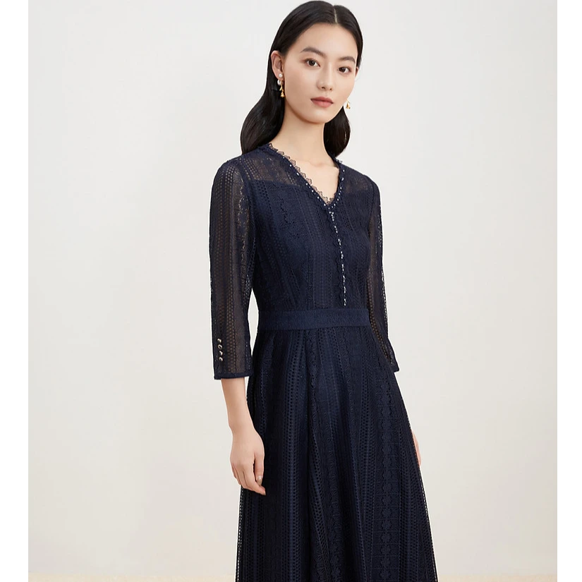 【晨粉专享价】春秋季收腰显瘦蕾丝钉珠高级感轻薄连衣裙KF07703Q7