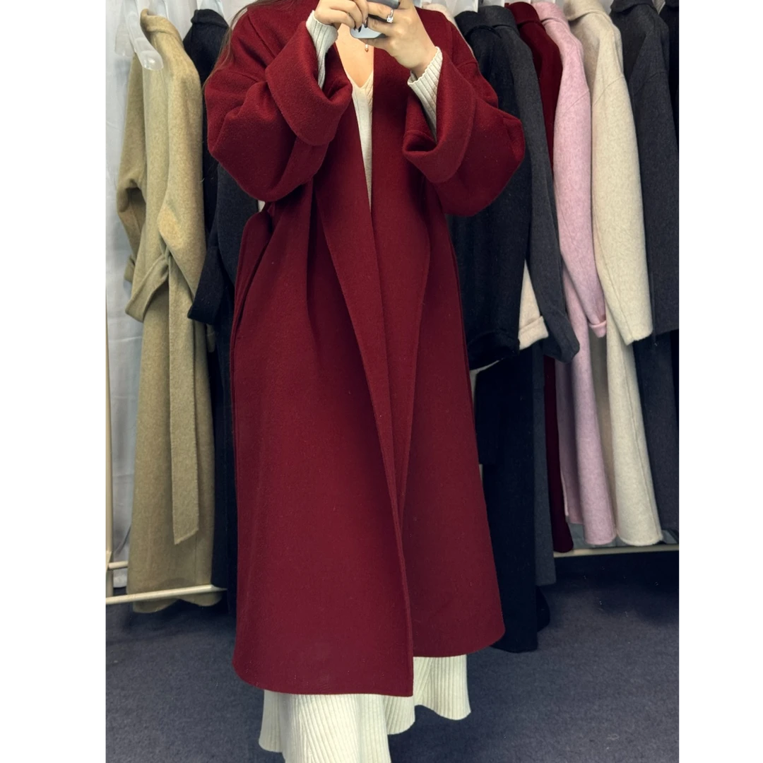 厚款浴袍风女直下摆羊绒外套黑色百搭中长款双面呢秋冬