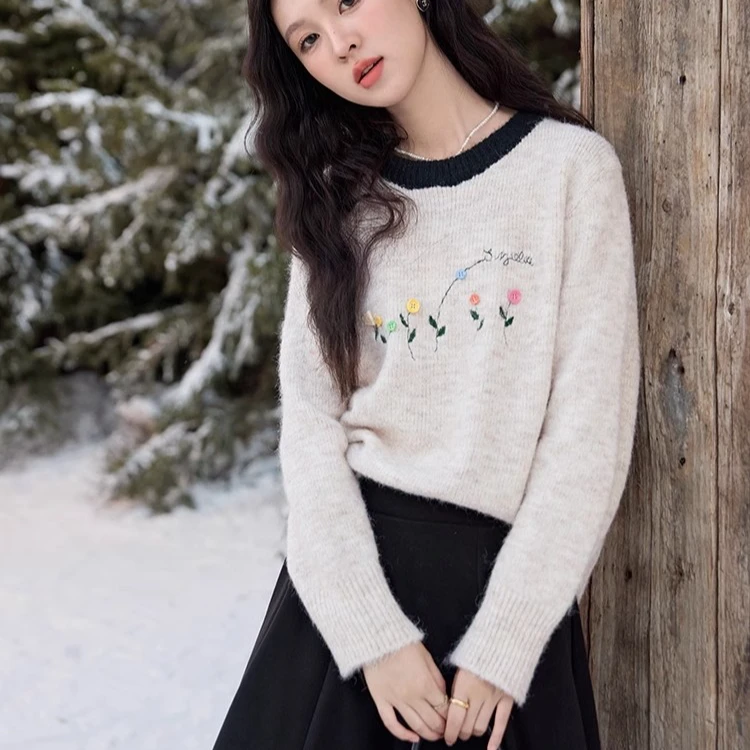「冬韵暖花」气质保暖毛衣女装冬季防寒毛针织上衣L523109
