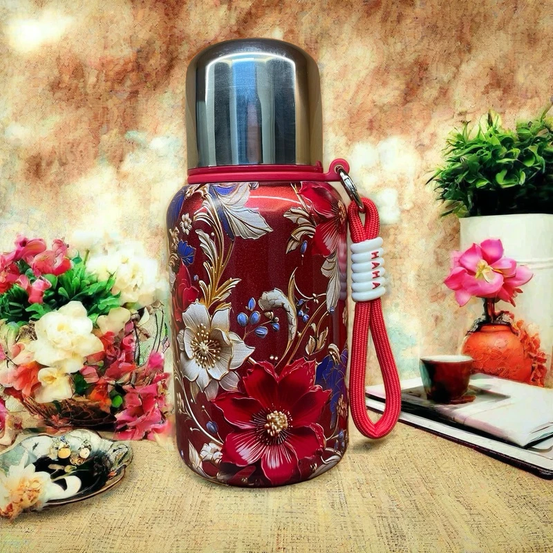 中号彩绘花影流年316不锈钢保温杯保冷保热复古时尚大容量手提绳