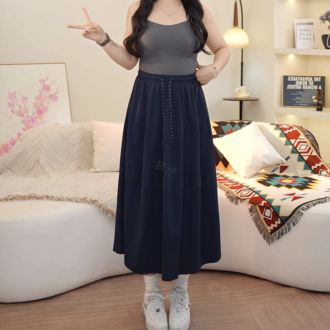 梦丞【冰氧漫步】大码女装夏季宽松A字裙松紧腰半身裙系带百搭长裙