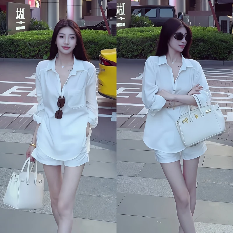 2025年夏季韩系时尚潮流百搭精品女装御姐风高级感衬衫短裤两件套