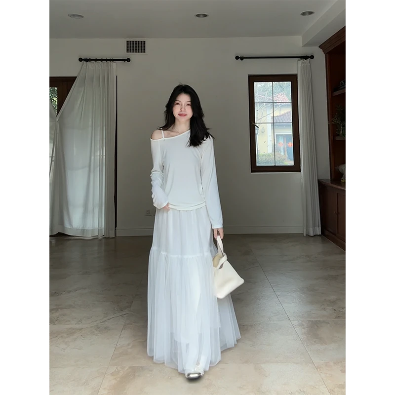 郭九九呢 气质宽松露肩显瘦长袖T恤仙气纱裙半身裙 G925Z03546