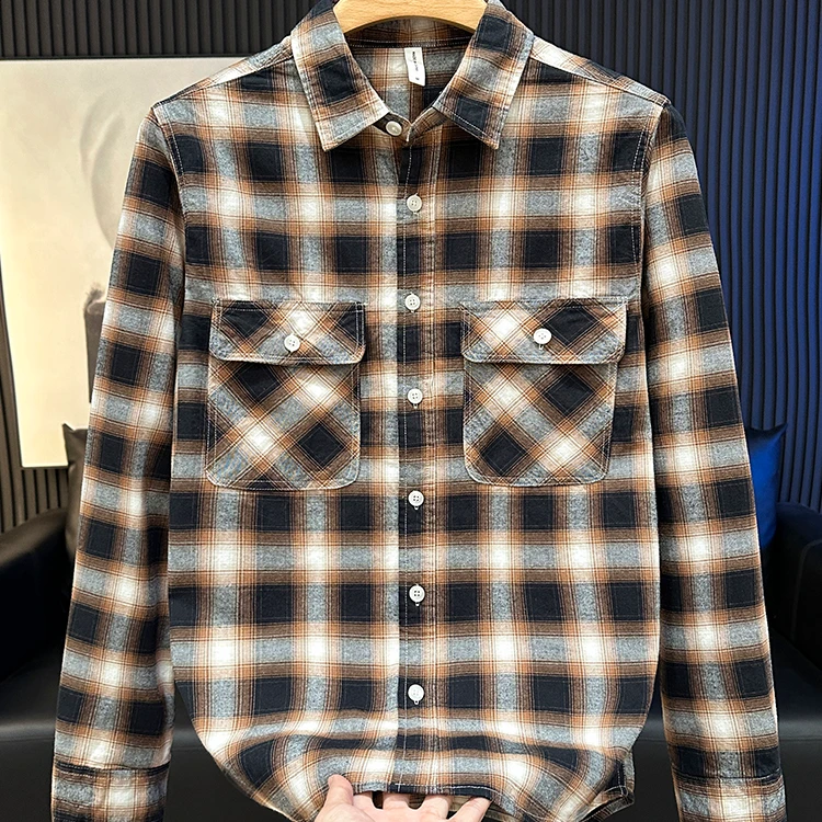 约蒂宾弗春秋工装格子长袖衬衫男士时尚百搭文艺休闲宽松衬衣外套