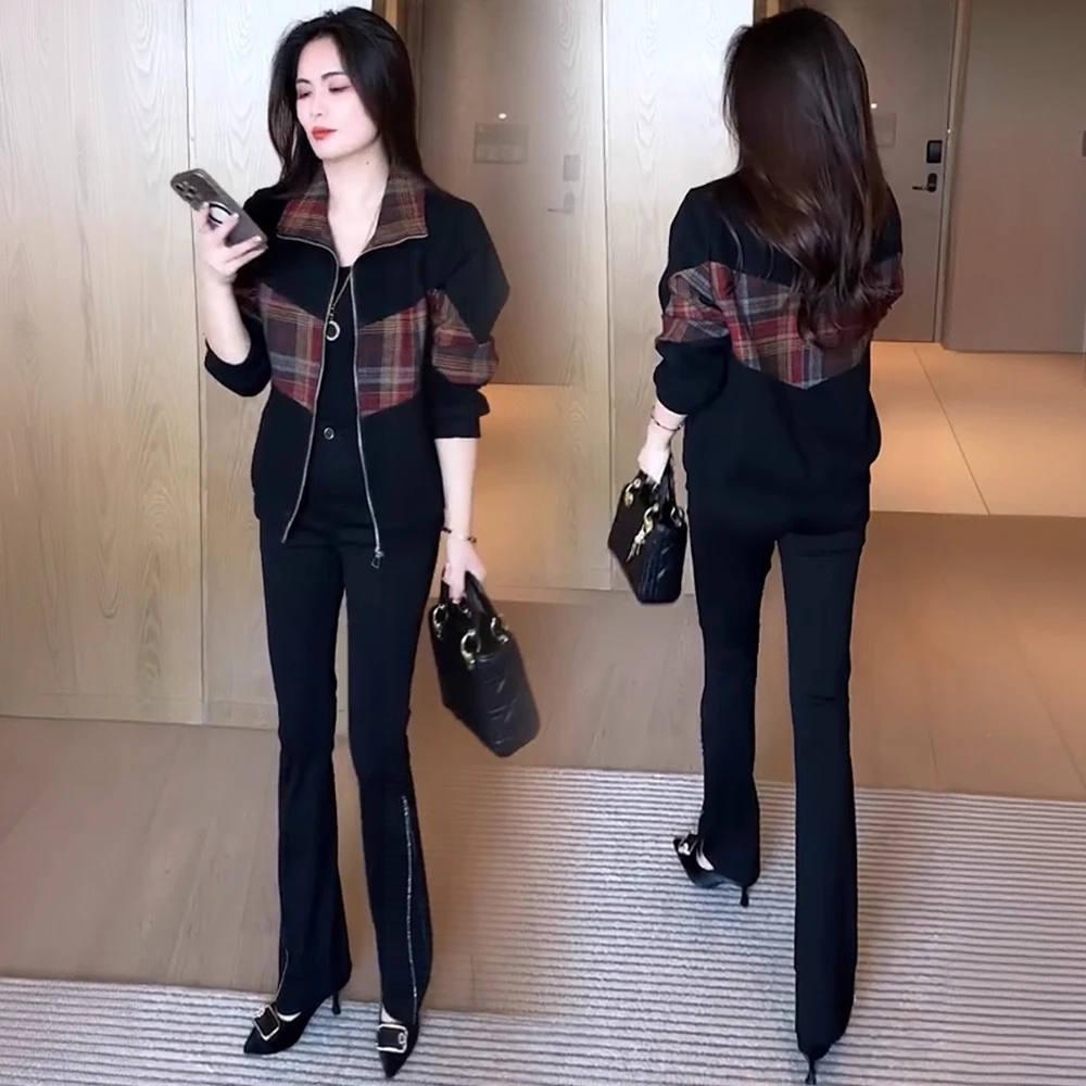 时尚短外套女2025秋季新款洋气宽松显瘦格子拼接百搭休闲夹克上衣