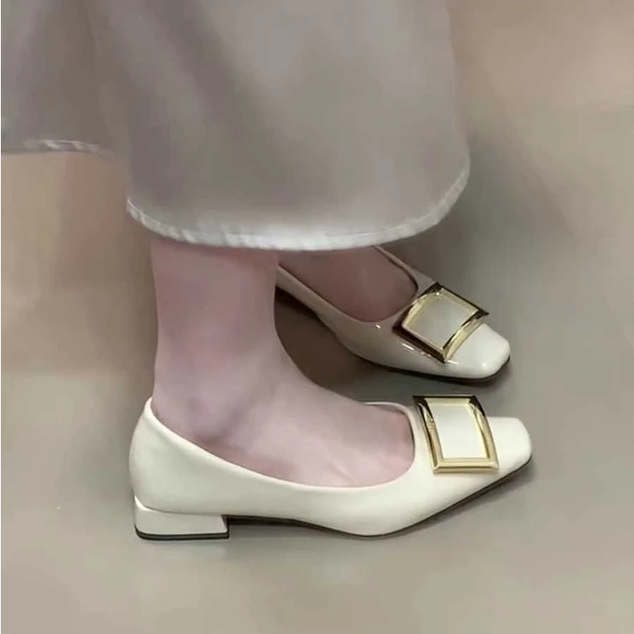 XLY-5252-25方扣浅口单鞋女夏季法式仙女风通勤一脚蹬粗跟晚晚鞋