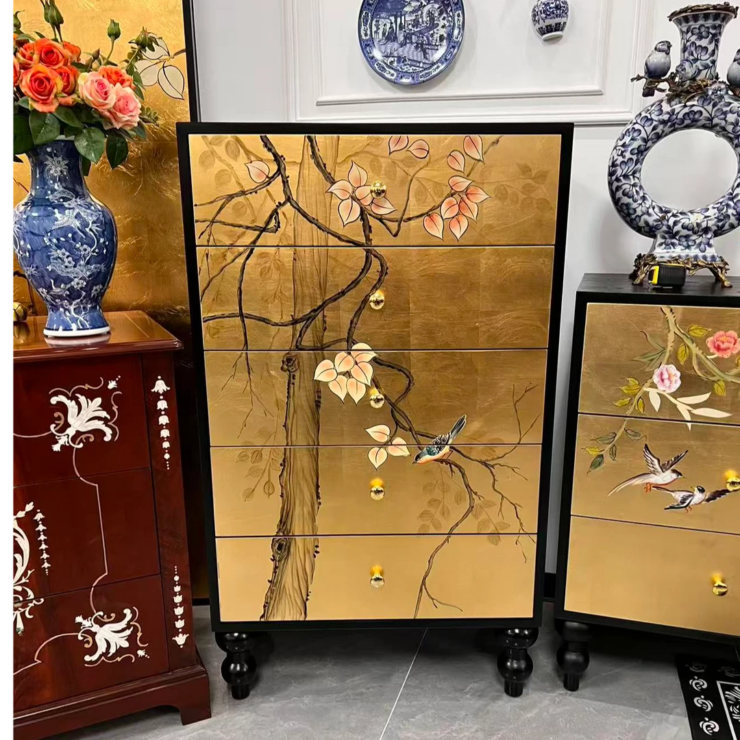 新中式花鸟金箔彩绘五斗柜客厅边柜储物柜