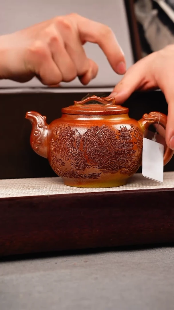 茶壶紫砂火云烧 如意鼓壶 刻绘