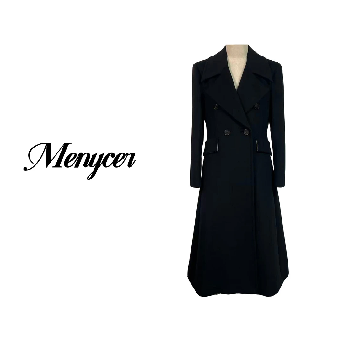 XM240461-时尚气质轻奢黑色毛呢收腰显瘦大衣