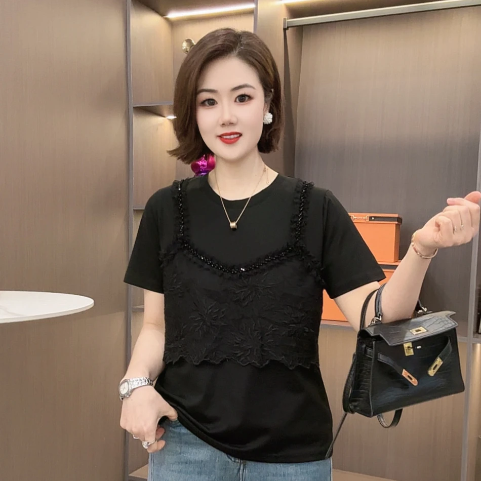 愔衣韵&细纱蕾丝钩花钉珠夏季圆领T恤短袖