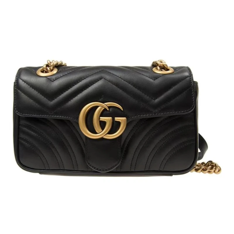 99新 GUCCI/古驰 原盒marmont 22/26黑金/白金链条包