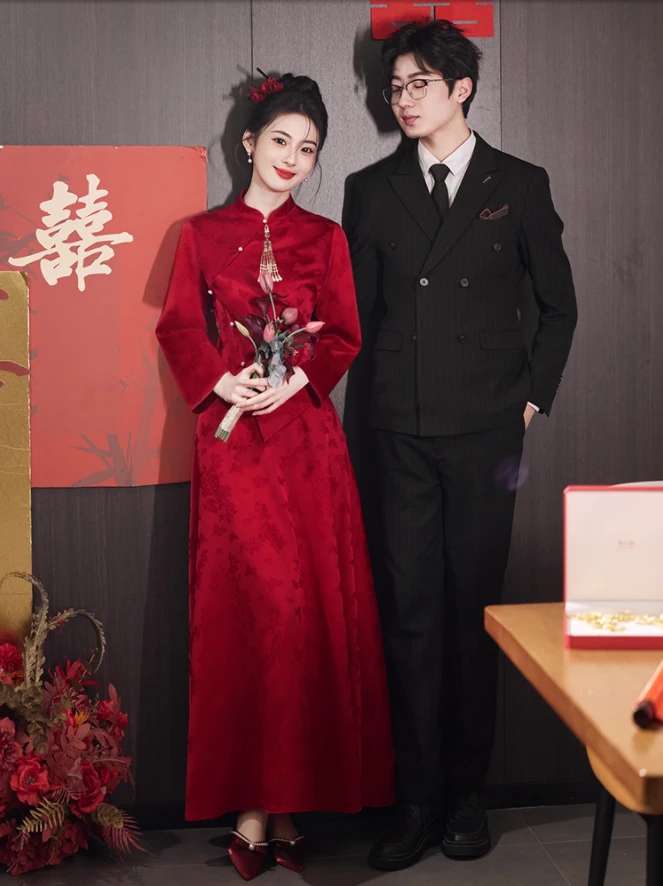 酒红旗袍敬酒服新娘中式订婚套装结婚出阁礼服回门当天便装连衣裙