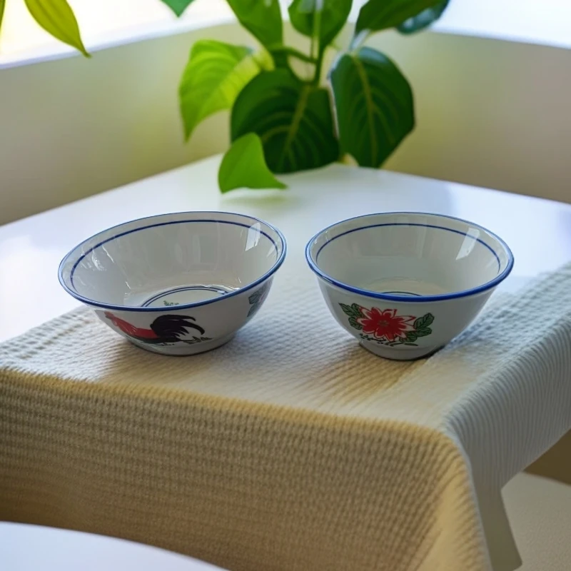 陶瓷复古公鸡碗釉下彩厚实防烫公鸡碗怀旧风5寸公鸡奎斗碗