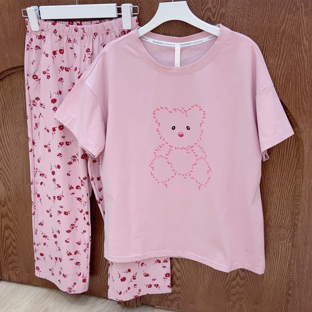 夏季爽棉睡衣女休闲粉色女士卡通印花圆领舒适简约套装时尚可外穿