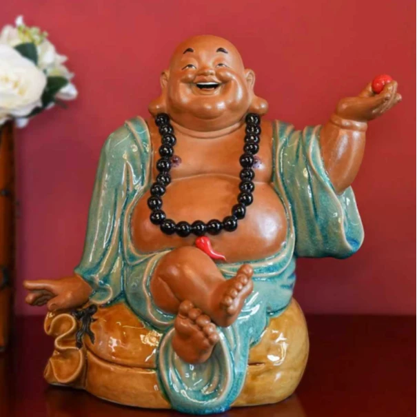 【本尼家】W21非遗手工石湾陶瓷持珠弥勒佛桌面装饰玄关摆件