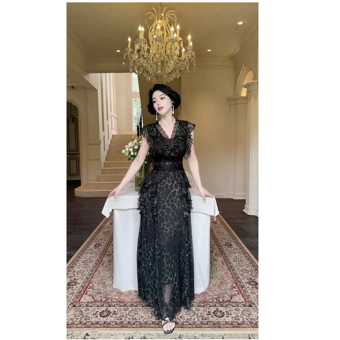 LYXJ【埃斯特庄园】高级雪纺印花+蕾丝花边豹纹收腰显瘦连衣裙12032