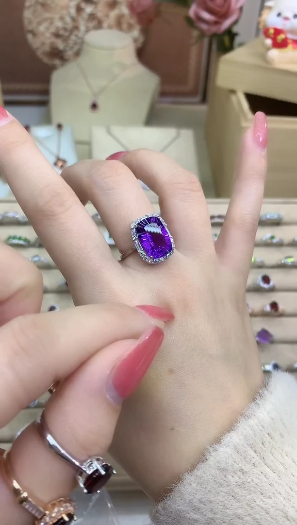 银S925镶嵌戒指水晶大克拉紫水晶戒指方切