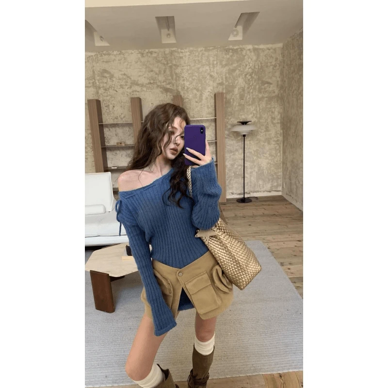 韩系气质慵懒风设计斜领露肩针织衫女2025年新款休闲工装牛仔短裤