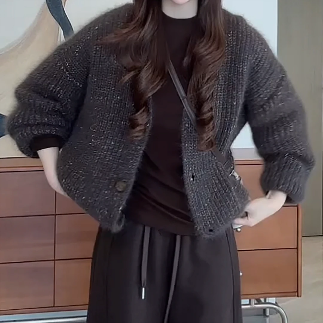 秋冬气质小香风宽松开衫软糯V领针织毛衣外套C6416