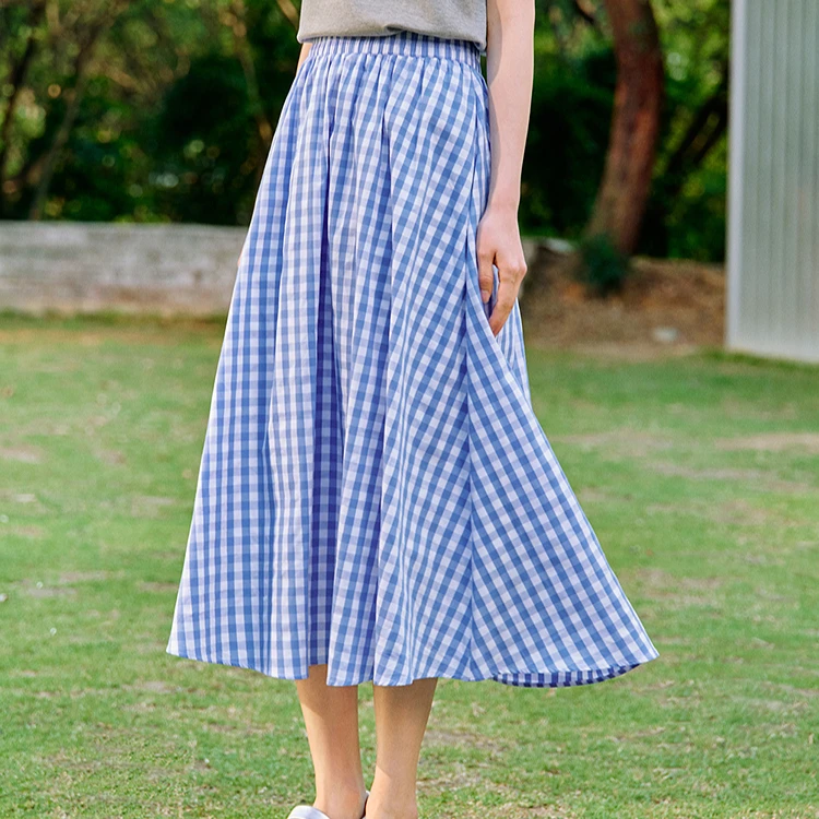 【茵曼服装】茵曼清新盐系格纹高腰a字野餐裙子W18528415