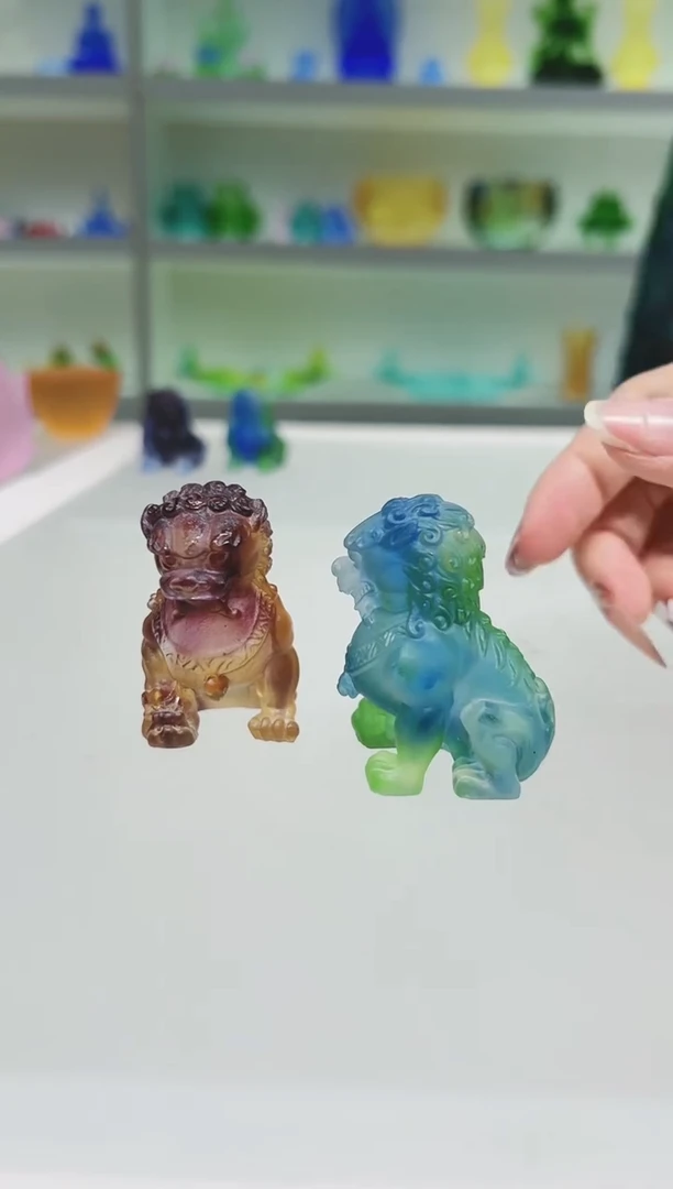 手工艺品琉璃古法琉璃 两只狮子