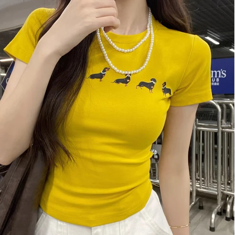 黄色正肩短袖T恤女夏季新款设计感小众印花圆领修身短款辣妹上衣