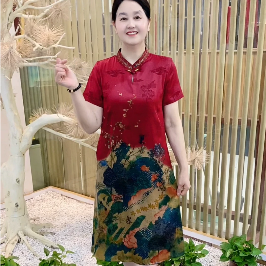 夏季新款时尚洋气妈妈装圆领显瘦中长款气质复古百搭中老年连衣裙