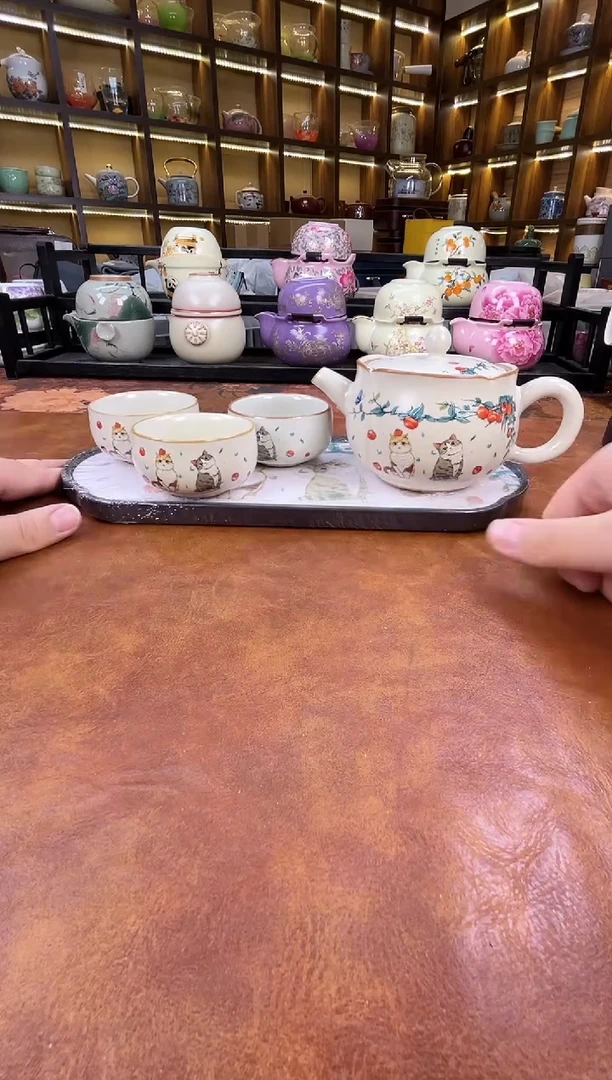 瓷片猫咪花口壶1壶3杯+猫咪盘