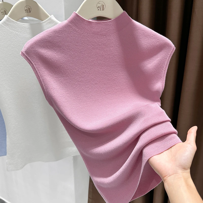 慵懒风亲肤软糯针织衫女士薄款修身上衣粉色半高领无袖T恤打底衫