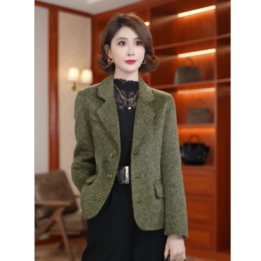 【馨蔚】2024时尚网红西装领修身双面羊毛大衣短款减龄长毛外套039