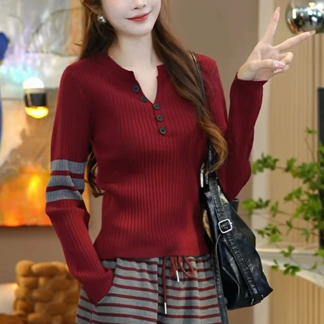 新款时尚纯色V领长袖针织衫春秋打底单穿显瘦百搭韩版不挑身材T恤