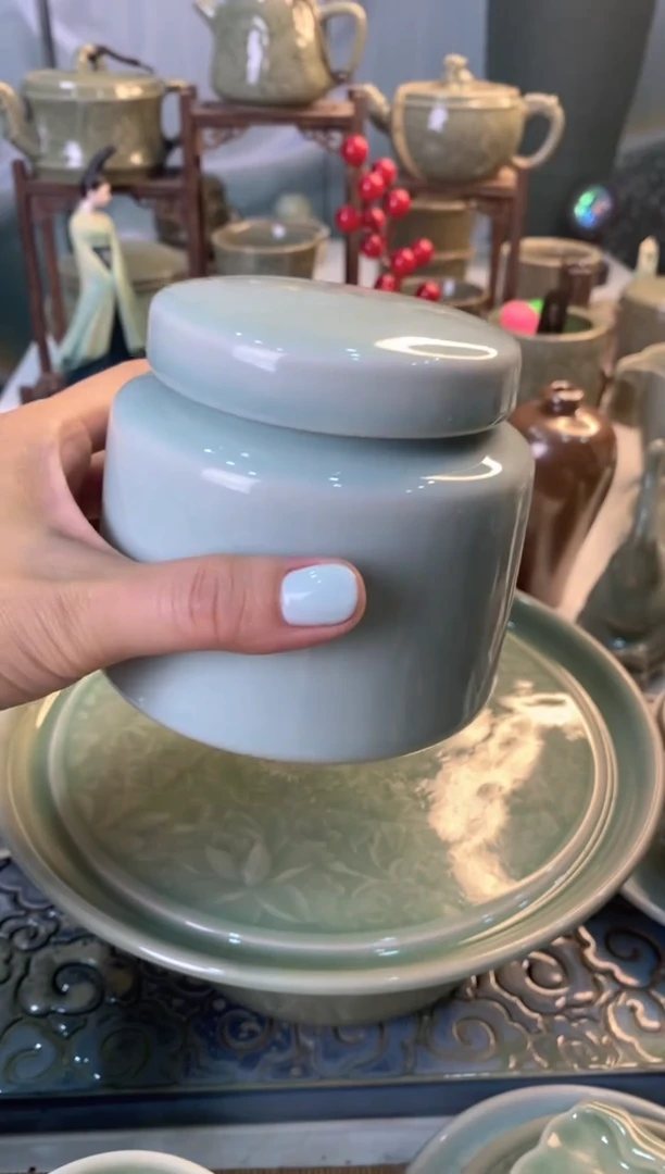 耀州窑微瑕处理400ml天青釉茶叶罐【b000108】